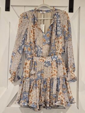 Patchwork Floral Long-Sleeve Tiered Dress in Blue and Cream